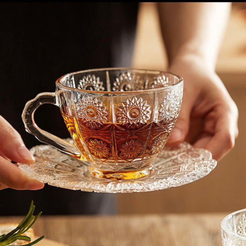 Gelas Cangkir Kopi Teh Satu Set Motif Matahari Piring Kecil Tatakan