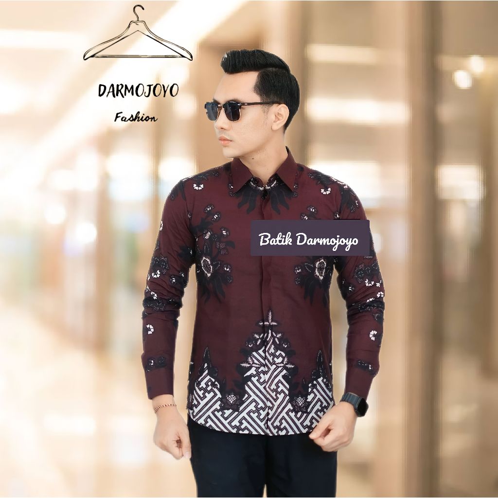 OOTD Baju Cowok Kemeja Batik Pria Original Motif Kembang marron Laskala