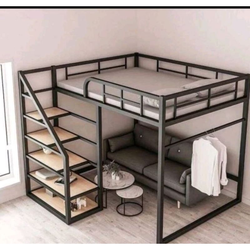 ranjang besi tingkat 1 tangga di depan ukuran 100x200