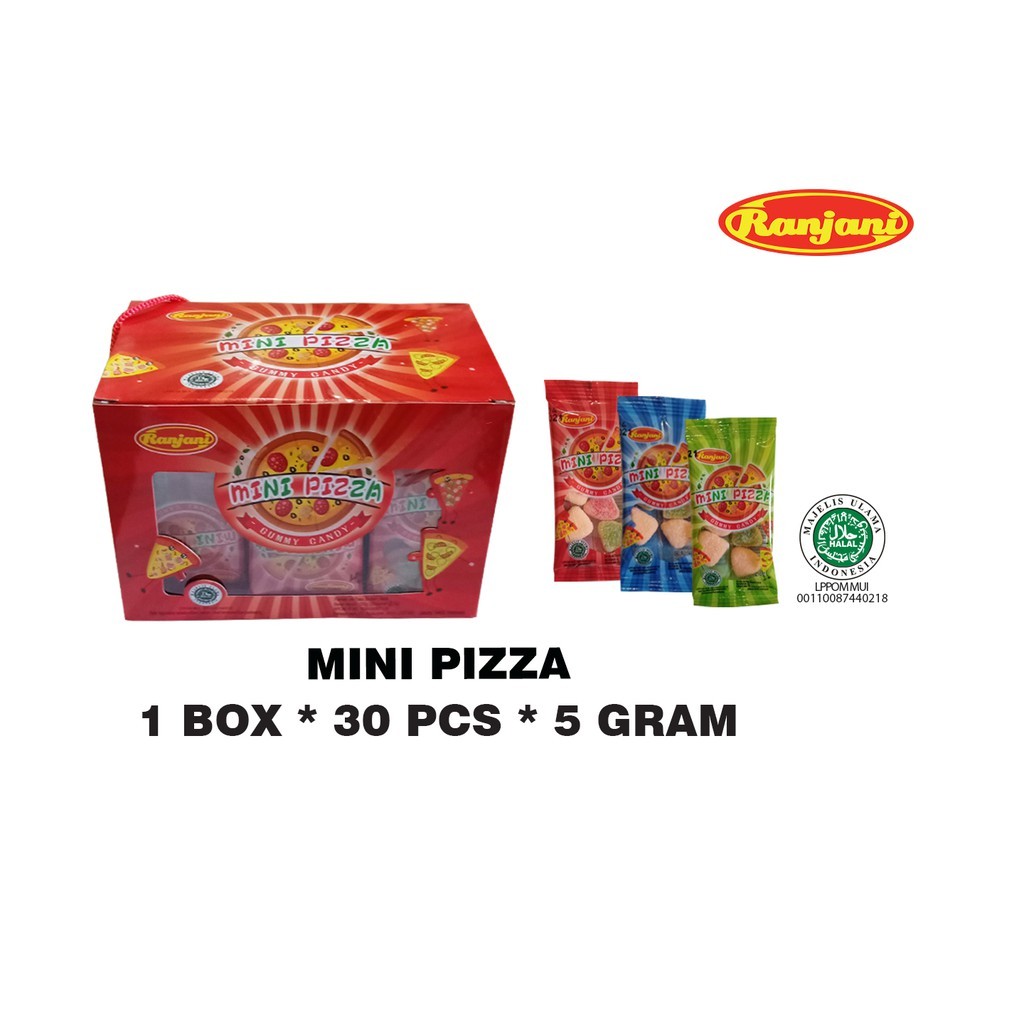 

Permen Ranjani Mini Pizza Gummy Candy 150 gram 1 Dus isi 30 bungkus