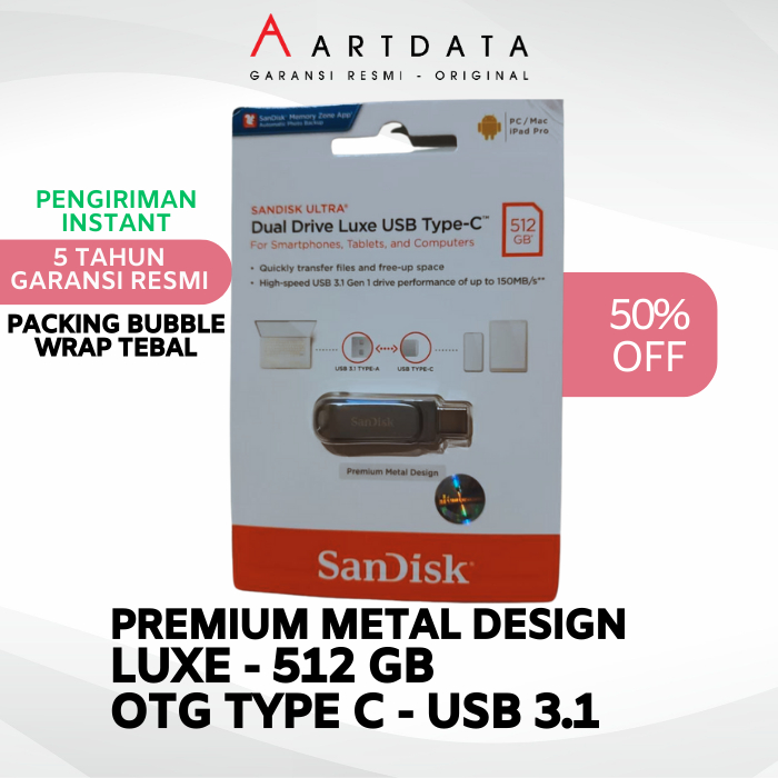 512GB Flashdisk OTG SanDisk ULTRA LUXE Flash Drive OTG USB 3.1 Type-C 512 GB 150MBps