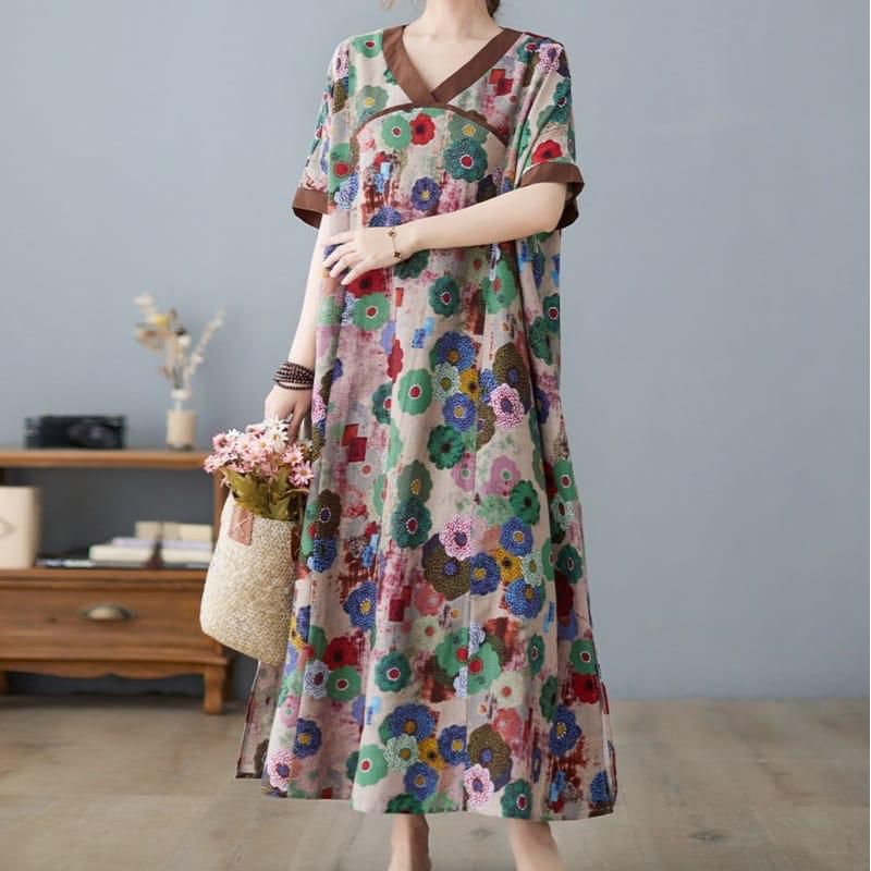 74006 Fashion maxidress Maxi dress dres lengan pendek bunga2 gaya Korea terlaris flower bagus Korean