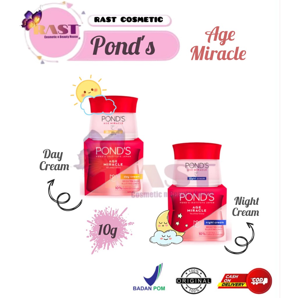 Pond's Age Miracle 10g Ponds Day Cream-Night Cream Moisturizer Anti Aging+Glowing With Retinol & Spf