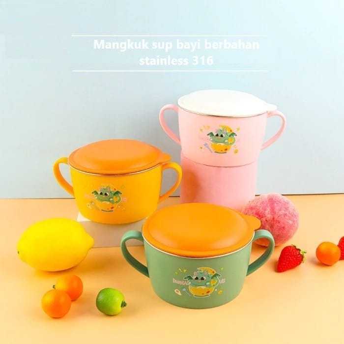 Mangkok Makan Balita Stainless Dino + Tutup / Mangkok Mpasi / Mangkok Bayi / Mangkok Karakter Stainl