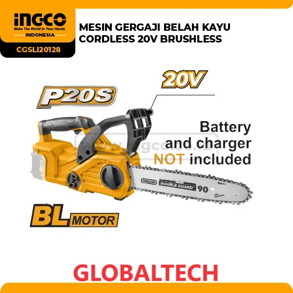 INGCO CGSLI20128 CORDLESS CHAIN SAW GERGAJI BATERAI 20V BRUSHLESS