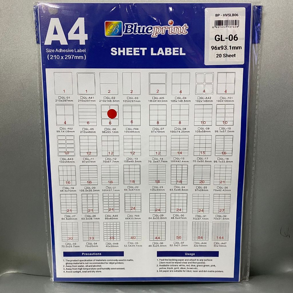 

Kertas Stiker Label HVS Doff A4 BLUEPRINT Uk 96 x 93,1 mm - 20 lembar