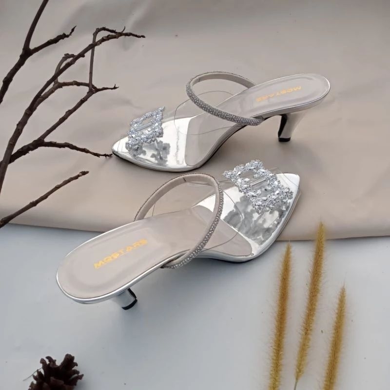 Sepatu Heel Wanita Transparant Hak Lancip 5cm Kekinian |Sendal Pesta Kaca Bening Big Size Terbaru