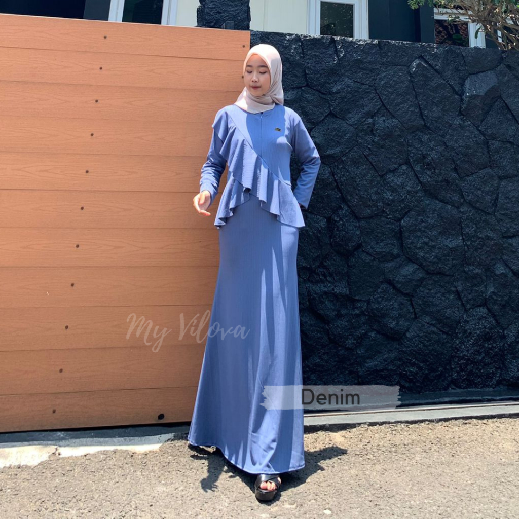 Jasmine Dress Mermaid Bahan Knit Jaguard Premium Ruffle Depan Bisa COD Fashion Muslim Terbaru Gamis 