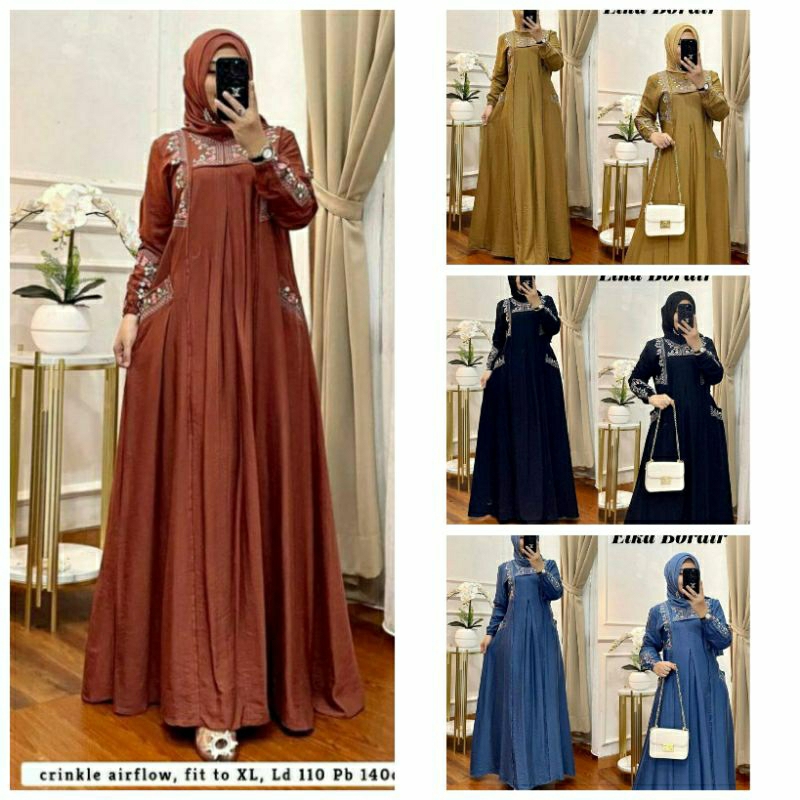 READY DRESS GAMIS ELKA BORDIR CRINKLE AIRFLOW TERBARU KEKINIAN