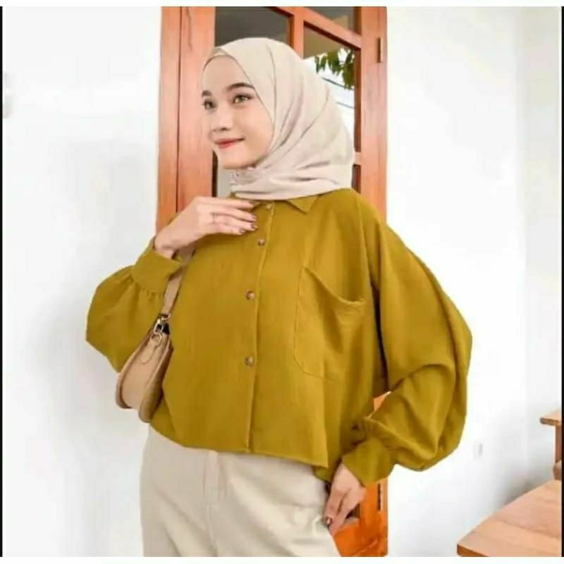 blouse crop top crinkle / kemeja crinkle polos / kemeja crop kantong