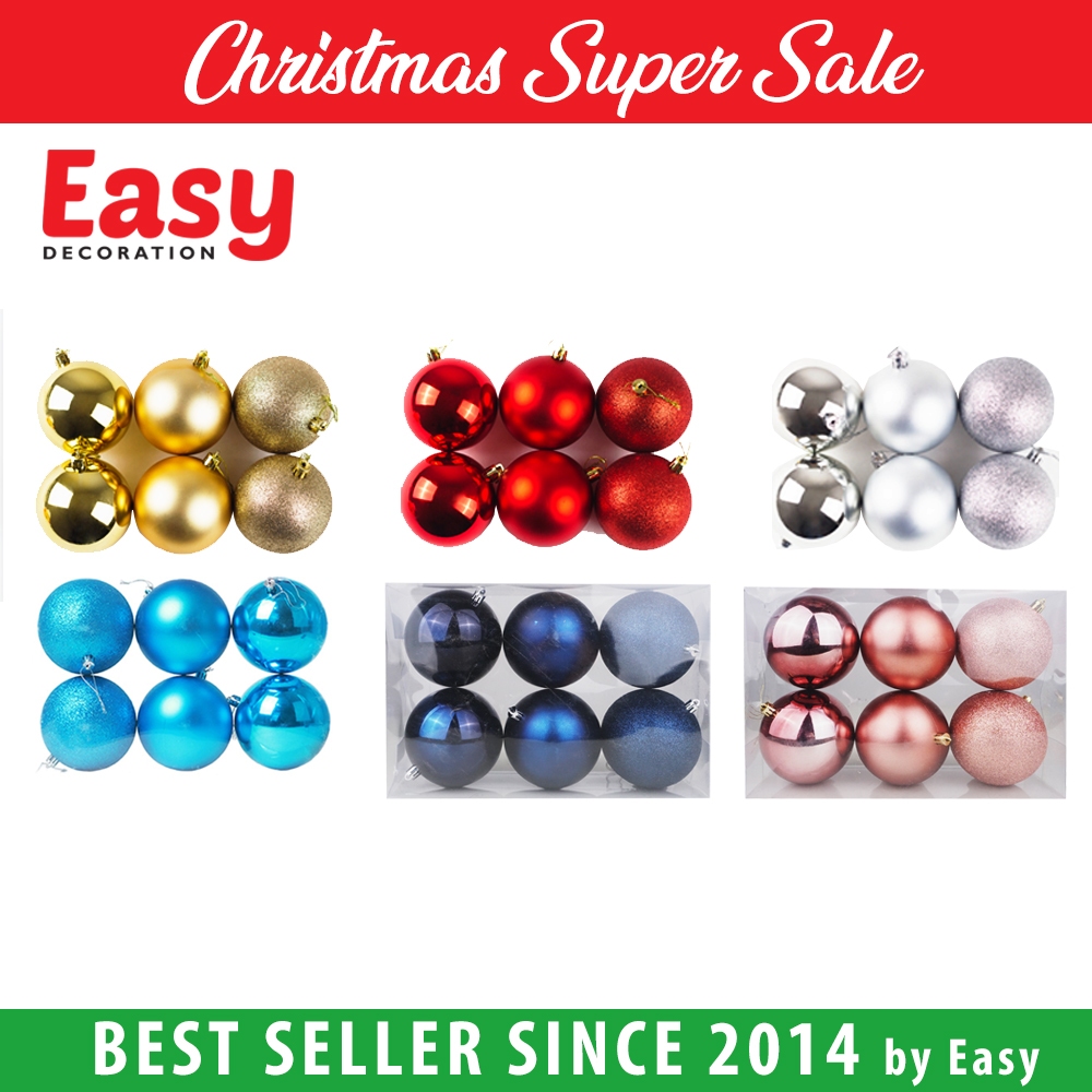 EASY DECORATION Hiasan Bola Natal 8 cm Christmas Dekorasi Ball Merah Gold Silver isi 12 Pcs