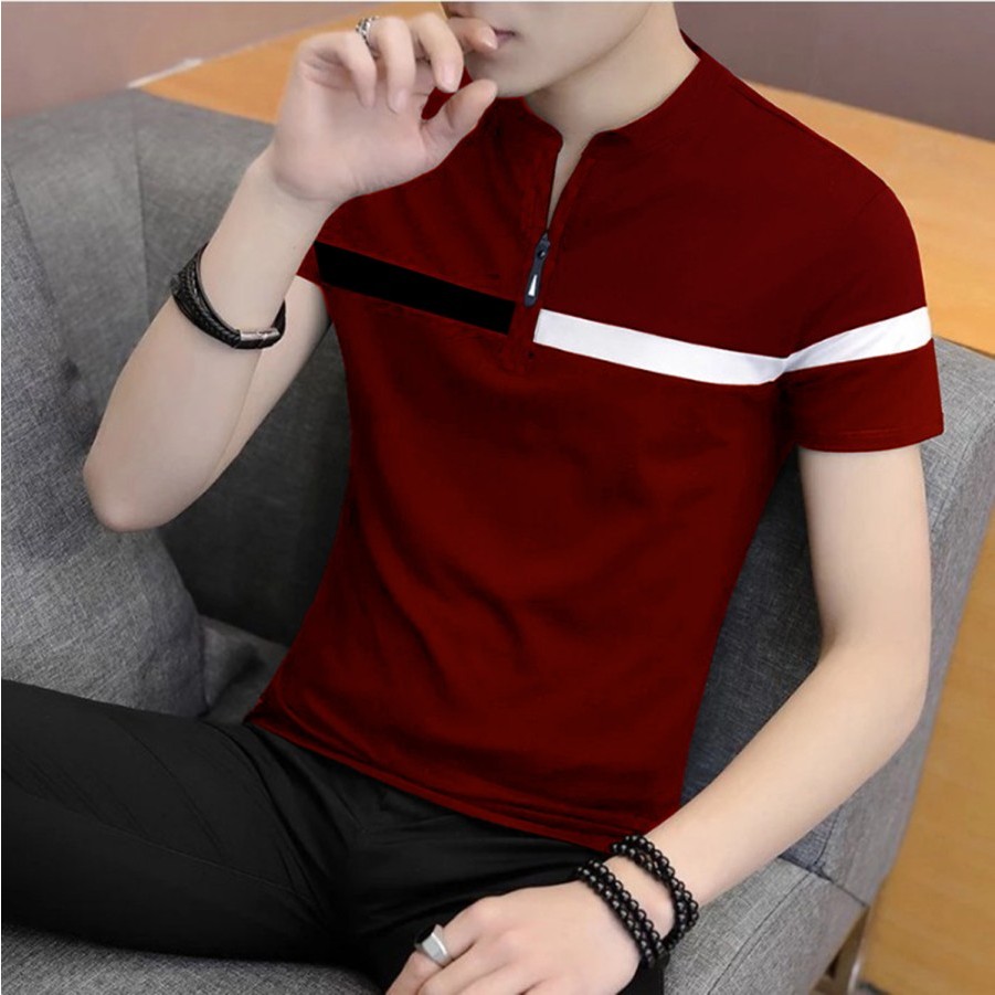 MENZONE - Kaos Polos Pria OMEGA Maroon Lengan Pendek T-Shirt Pria Zipper Cotton 100% Original Distro