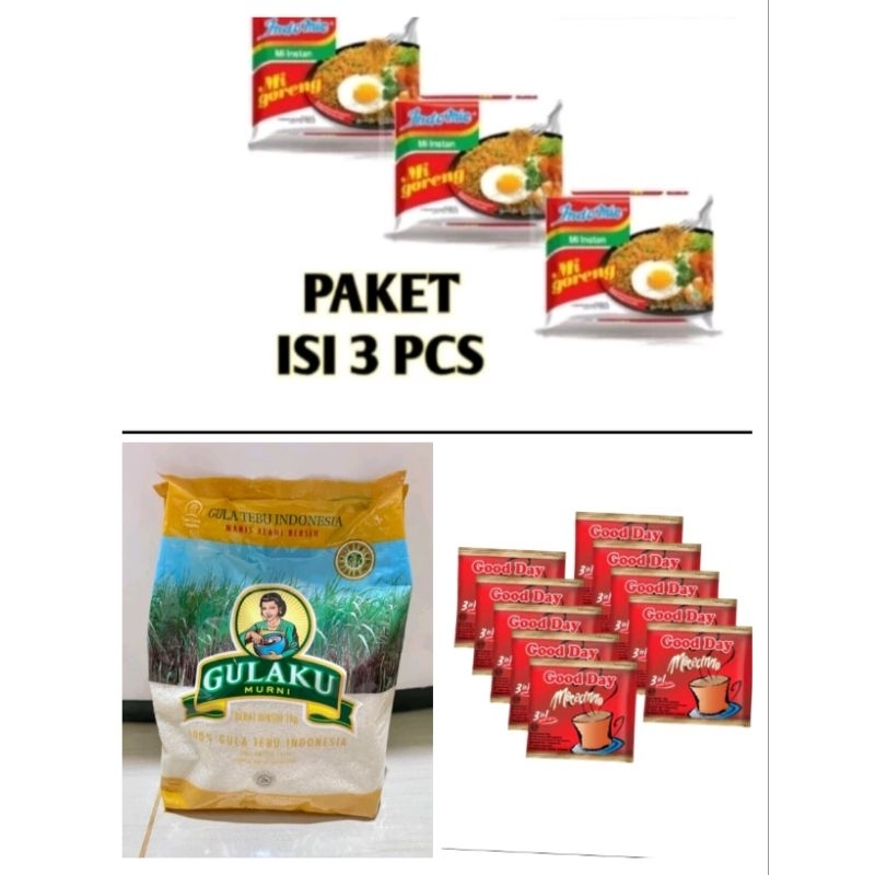 

PAKET SEMBAKO HEMAT 3 IN 1 KOPI GOODDAY 1Rtg+ GULAKU 1KG+ INDOMIE 3 PCS