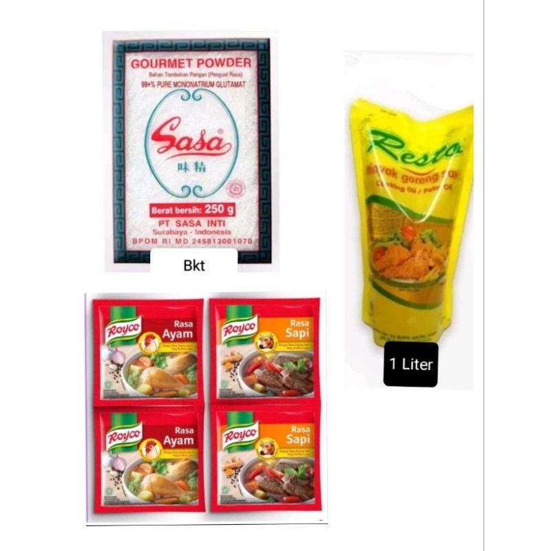 

PAKET SEMBAKO HEMAT 3 IN 1(Minyak Goreng 1L+Sasa 250gr+Royco 24 sachet)