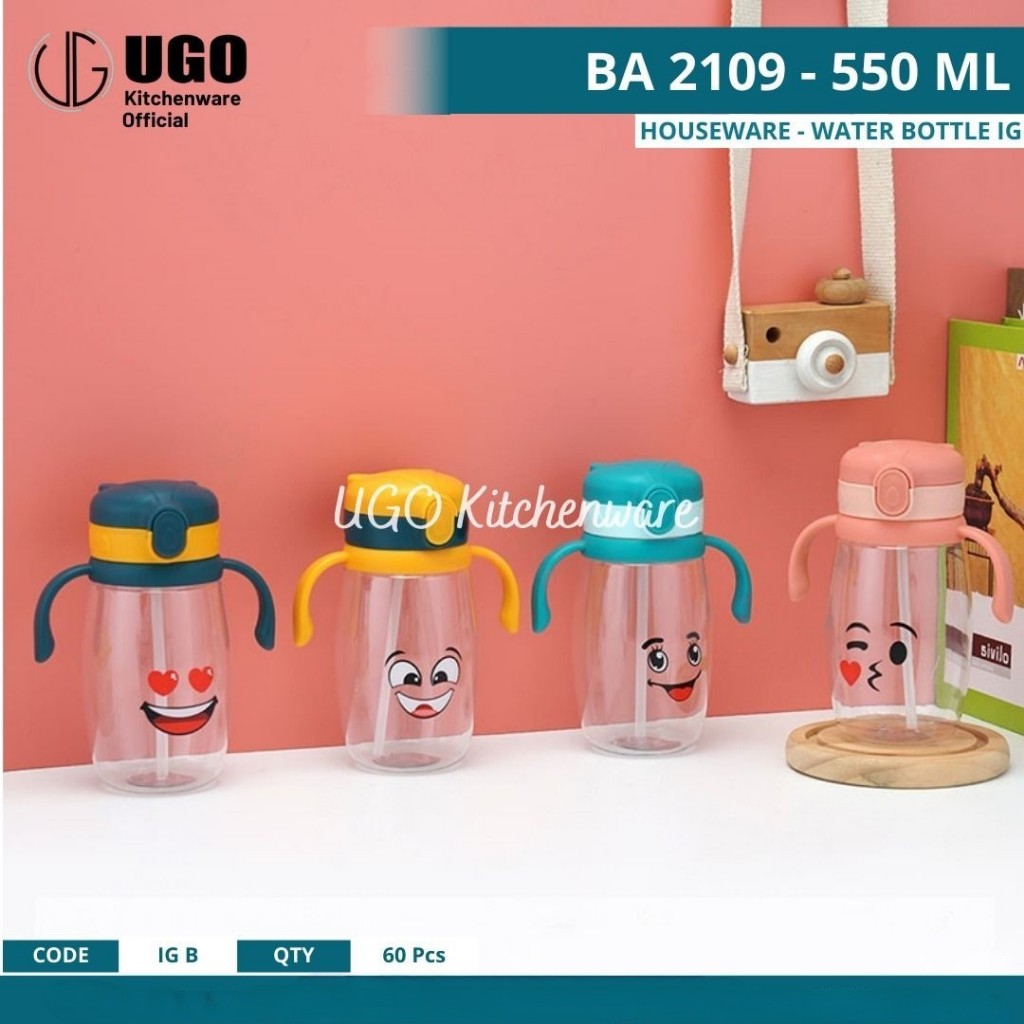 Botol Minum Anak Transparan Lucu Dengan Pegangan  + Sedotan Kapasitas 550 ML - BA 2109