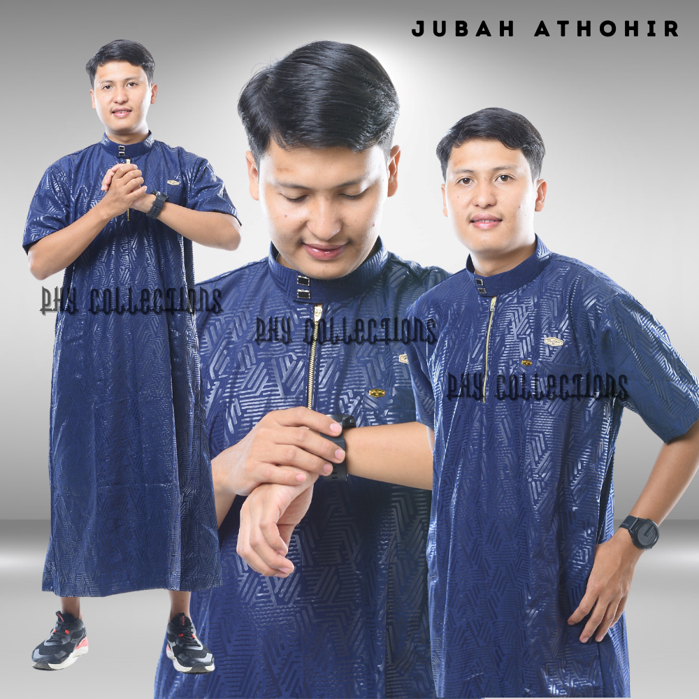 Gamis Jubah Pria Laki Laki Dewasa Cowok Remaja Model Haromain Motif Embos Lengan Pendek Kancing Snap