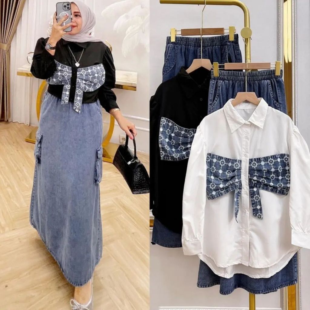 Ribon one set rok Bahan Katun toyobo mix jeans One Set Wanita Nature Korean Atasan & Rok Midi terpis