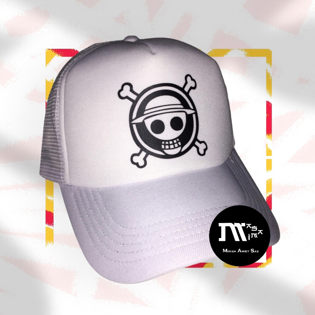 Topi Trucker Hat Baseball Cap Distro Anime One Piece Monkey D. Luffy Logo Putih