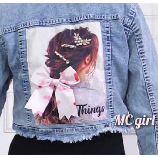 PROMO Jaket Jeans Crop Rawis Gambar Belakang Pita 3D Wanita / Jaket Denim Body Pendek Rumbai Gambar 