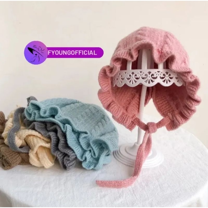 Kupluk Rajut Bayi Renda Ada Tali/Kupluk Bahan Rajut Bayi/Kupluk Rajut 0-3 Tahun