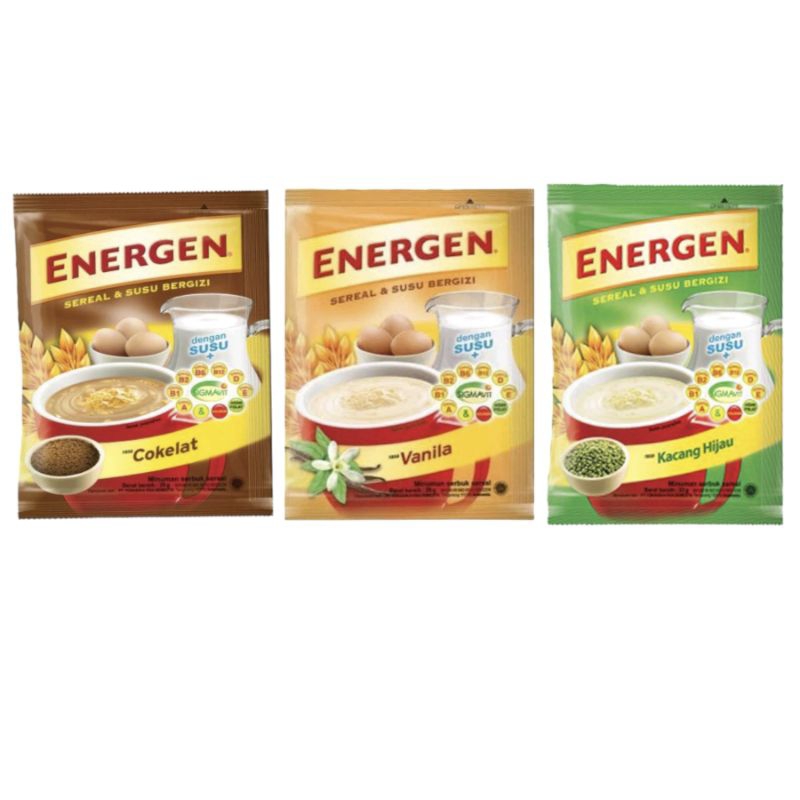 

Energen Sereal dan Susu Sachet Renceng Isi 10 Pcs Rasa Cokelat Vanilla Kacang Hijau