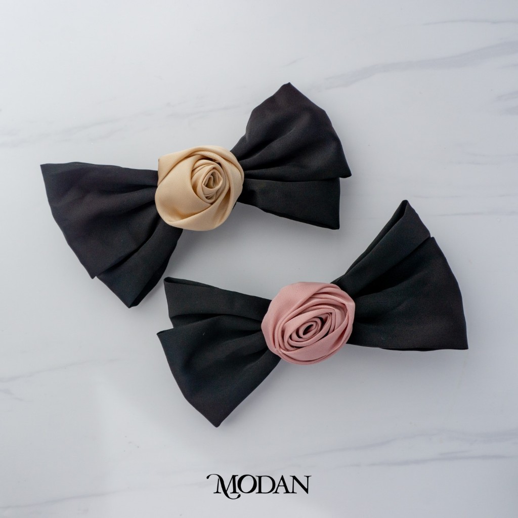Modan - Coquette Style Ribbon Bow Pink/Ivory Rose Flower Barrettes Hairpins Jepit Rambut Satin Pita 