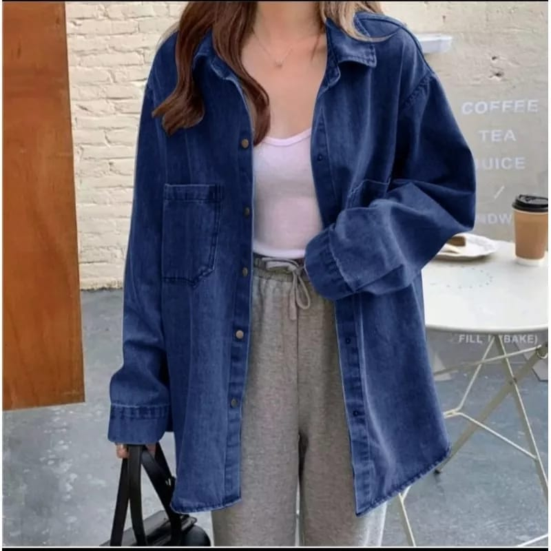 Kameja Denim Longgar Kerah Kameja Wanita Oversize gaya Korea Style