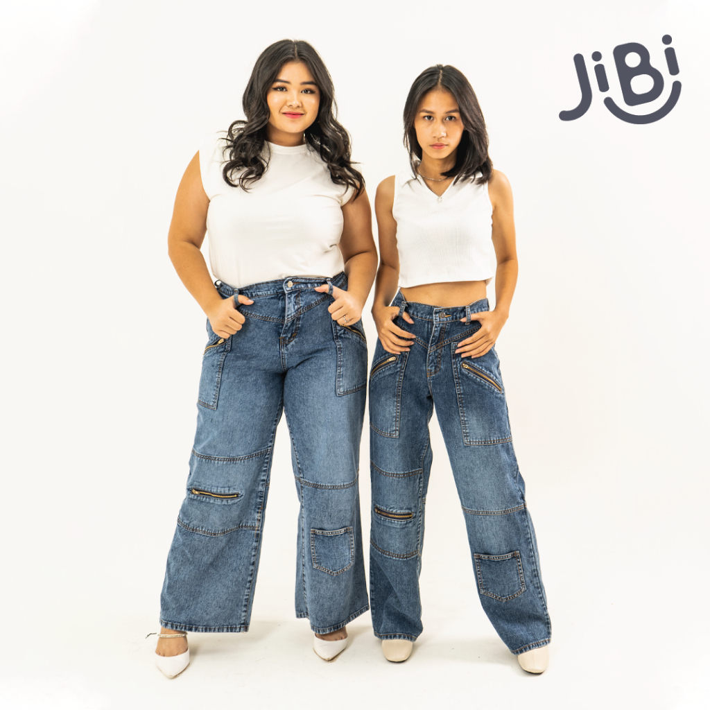 JIBI - Y2K Jeans - Cargo Zipper - Celana Jeans - Jeans Vintage - Biru Tua