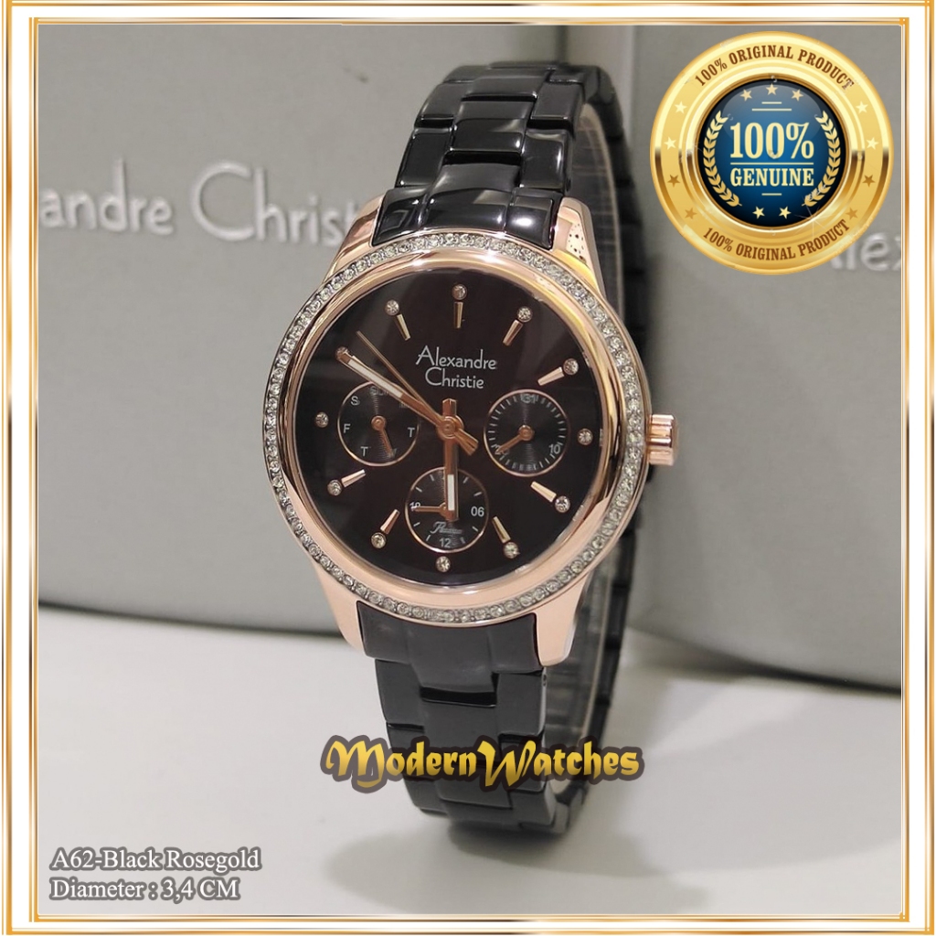 Jam Tangan Ori Wanita Alexandre Christie AC 2496 / 2A62 Hitam Rosegold Black Mewah Batu Swarovski Te