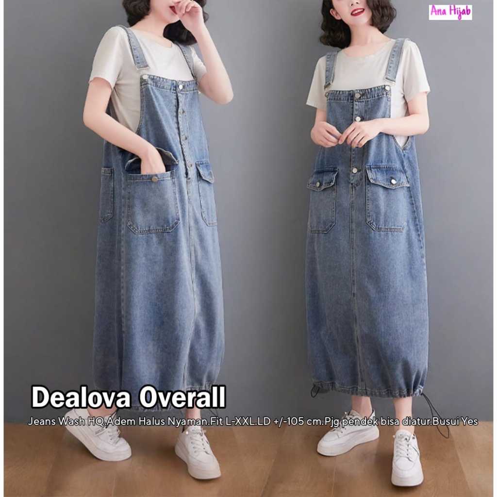 [Bisa COD] Dealova overall by Ana hijab overall jeans premium size jumbo ld 105 dealova overall midi