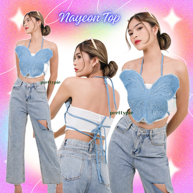 Prettypie NAYEON TOP TANKTOP BUTTERFLY kupu kupu Atasan Crop Sexy Crop Denim Jeans y2k