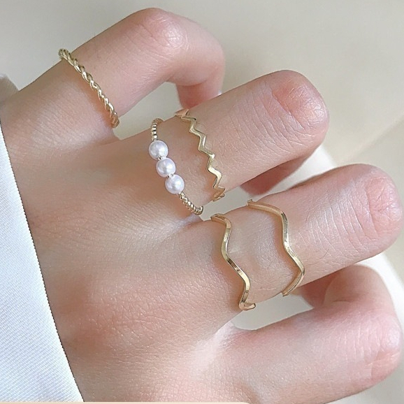 Cincin Wanita Titanium Mutiara Bunga Isi 5pcs