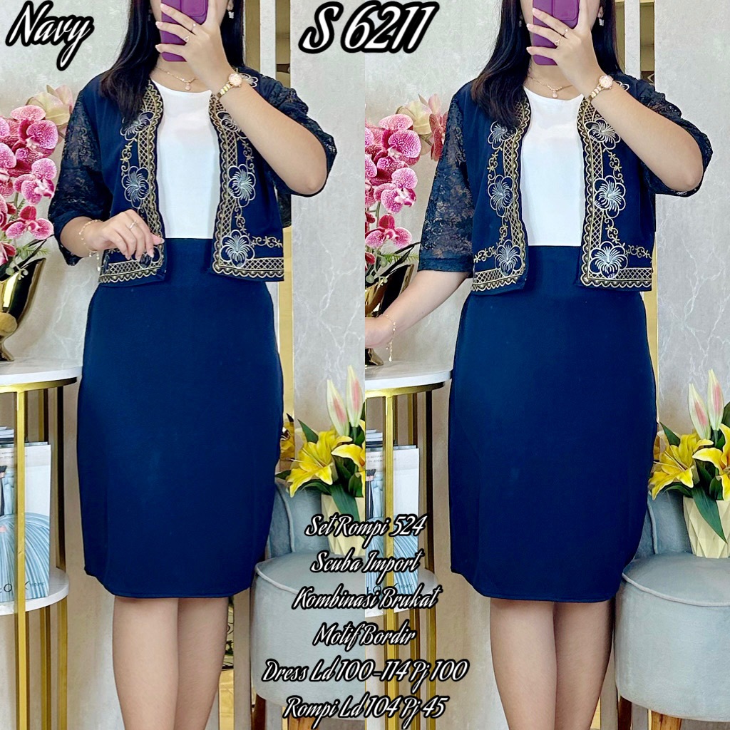 6211# Set Dress Rompi Scuba Brukat Bordir Premium