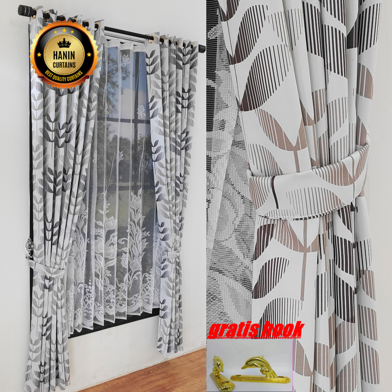 Gorden Pintu Jendela Ruang Tamu Blackout Motif Abu Gold B,O+ Gorden Model Smokering 12 Ring