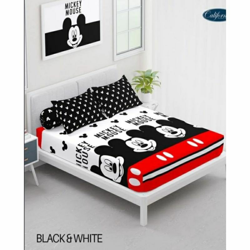Sprei California 160x200/180x200 motif mickey mouse black & white/Mickey mouse hitam putih/Sprei mot