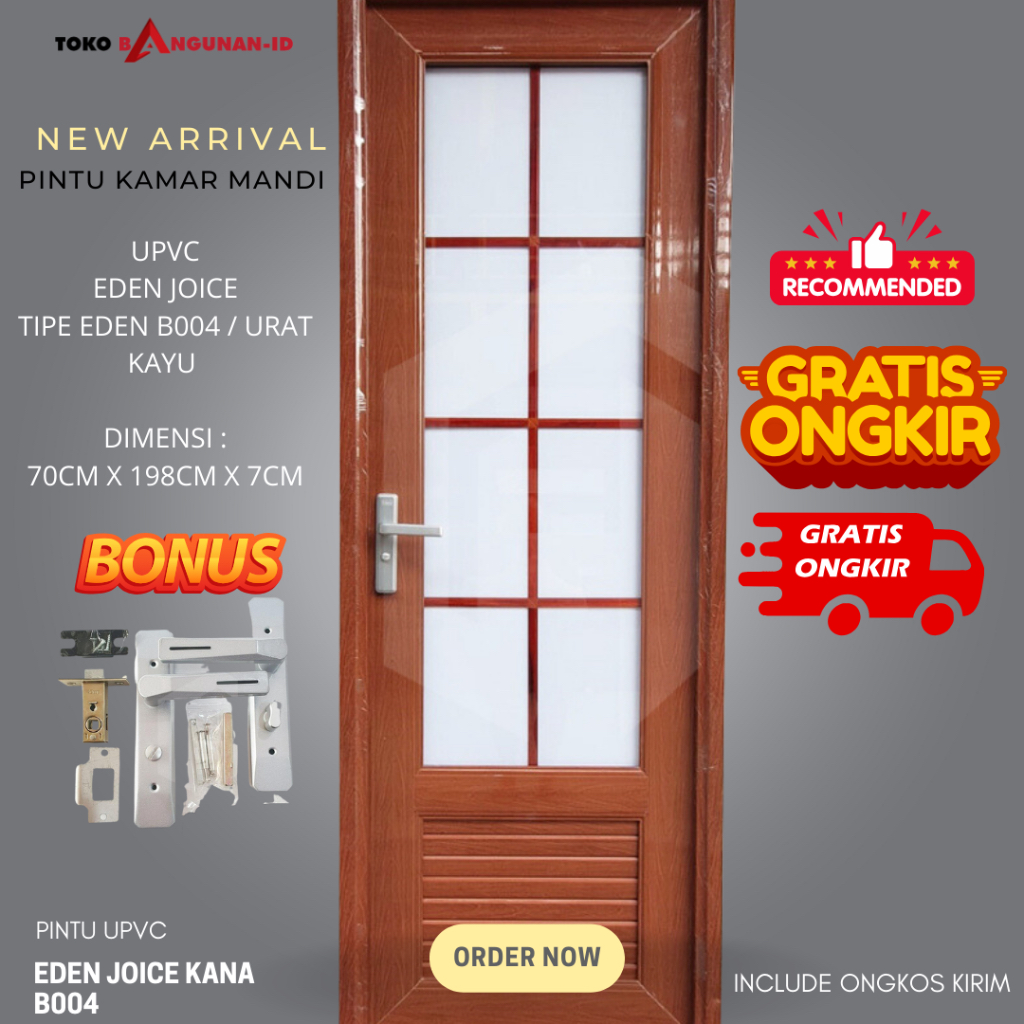 Pintu UPVC EDEN Joice Kaca Urat Kayu Tipe B004 Putih Pintu Kamar Mandi - Bukaan Kiri