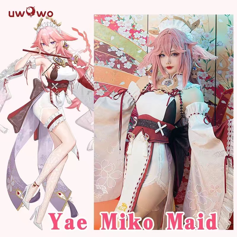 YAE MIKO MAID UWOWO Cosplay Kostum Pelayan Genshin Impact Sewa Wig Manmei Fullset High Quality Brand