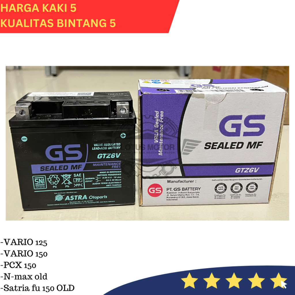 Aki Motor Kering GS Astra GTZ6V MF 5 ampere Vario 125 150 Nmax CB150R FU KLX (DIJAMIN ASLI)