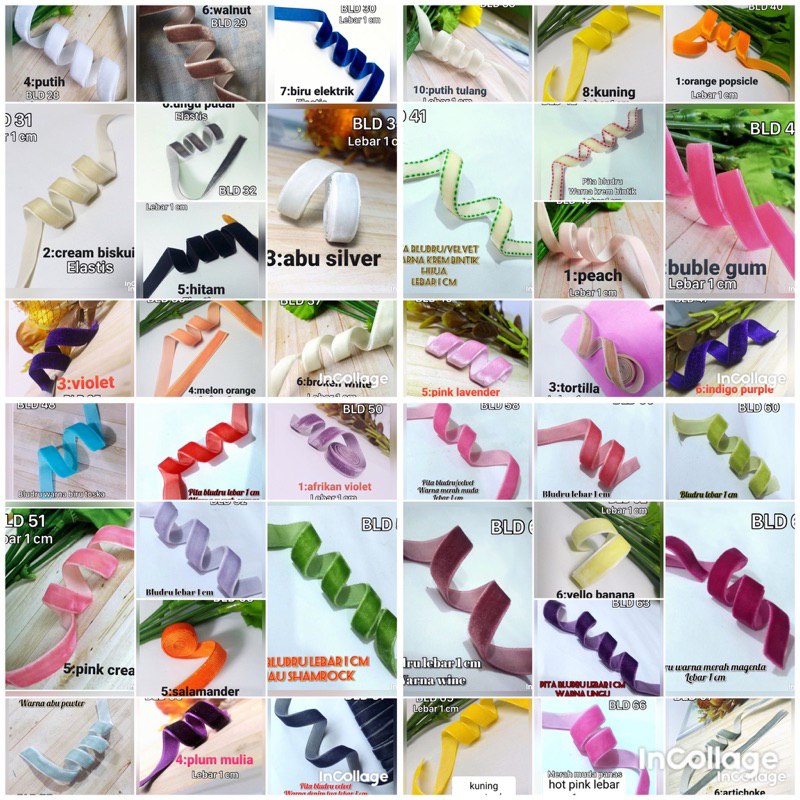 

bludru per rol 15 meter warna variasi lebar 1 cm