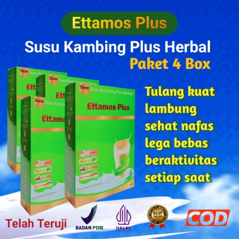 

Paket 4 Box Susu Kambing Etawa Bubuk Ettamos Plus Herbal 200g, Susu Kambing Asli Original Berkualitas Mengandung Extrak Herbal Alami Jahe Daun Kelor Kayu Manis dan Ikan Gabus Sangat Baik Untuk Paru Paru, Sesak Nafas, Asma Nyeri Tulang Sendi, Asam Lambung
