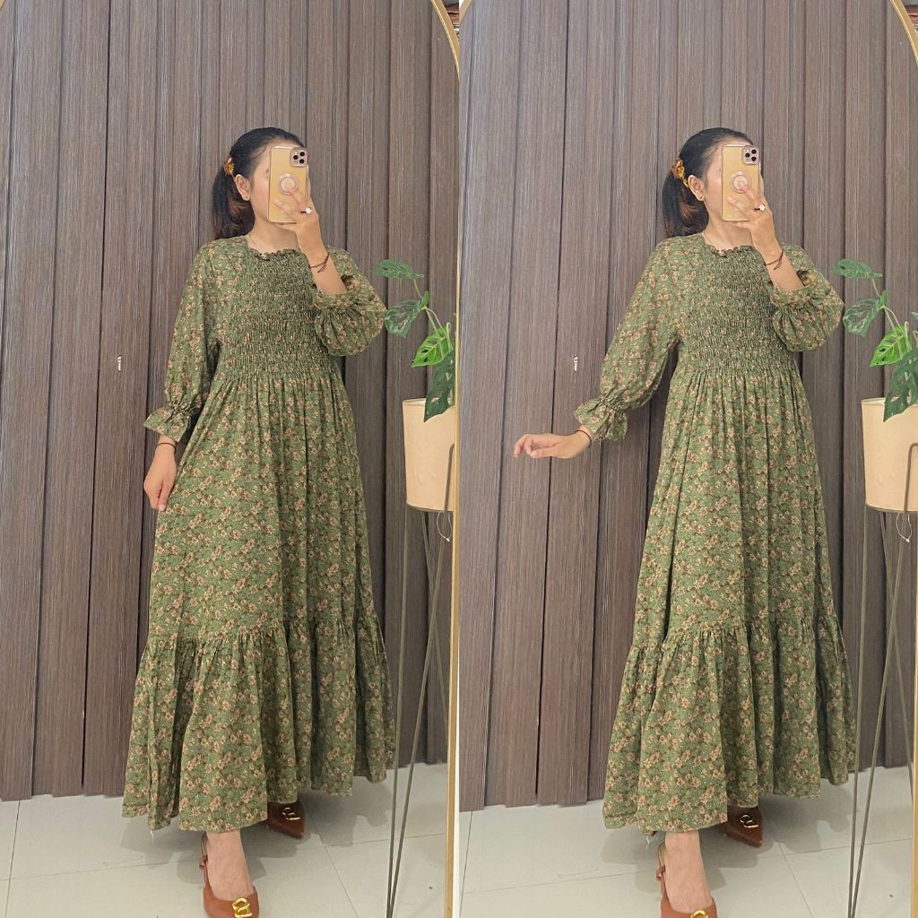 Alula Dress Casual Motif Bunga Wanita Gamis Wanita Style Korea Baju Muslim Daster Lengan Panjang Pakaian Anak Muda Elegan Bahan Rayon Premium Bumil Busui