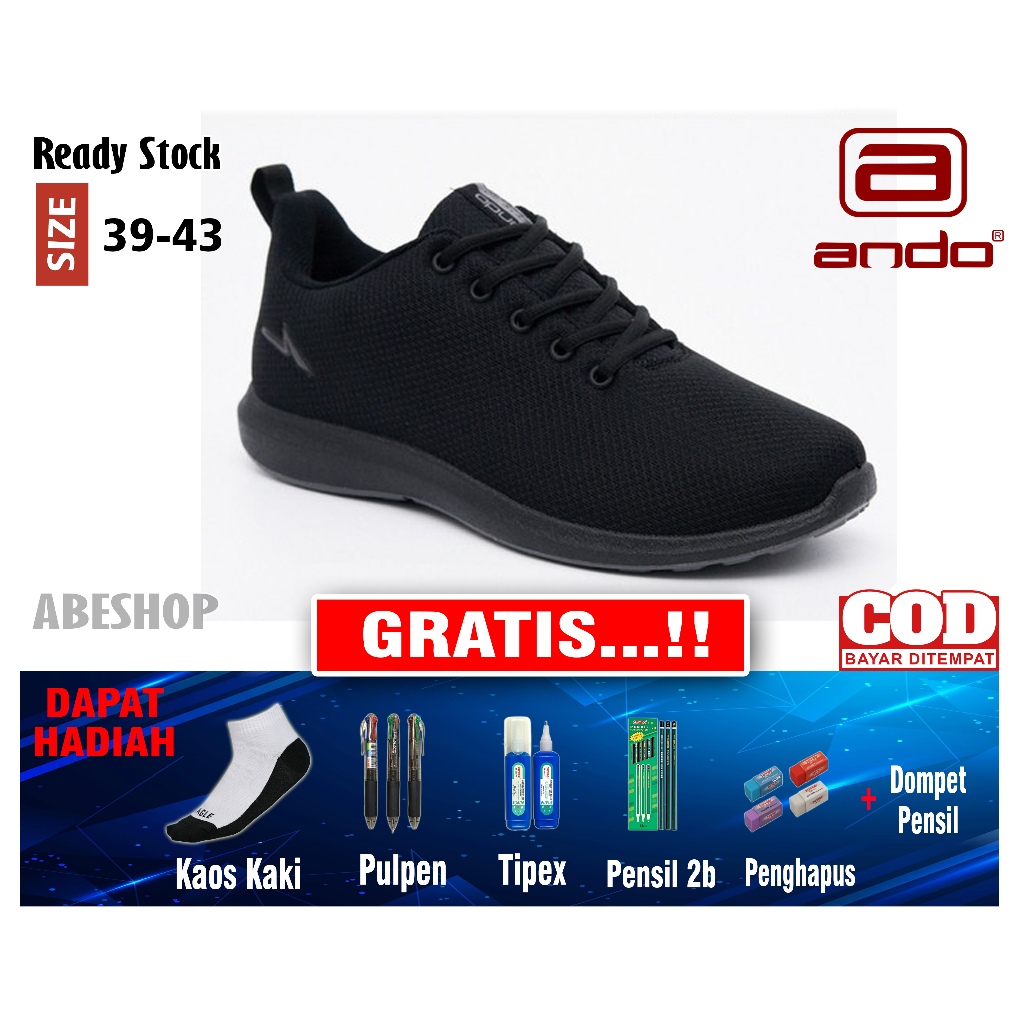 SEPATU ANDO PRIA  FULL BLACK BERHADIAL KAOS KAKI DAN ALAT TULIS LENGKAP COD DAN GRATIS ONGKIR