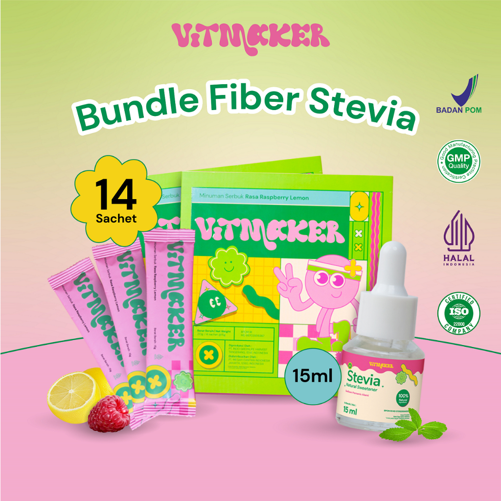 [BUNDLE FIBER STEVIA] Vitmaker Fiber Collagen Drink (Minuman Serbuk Rasa Raspberry Lemon) + Vitmaker