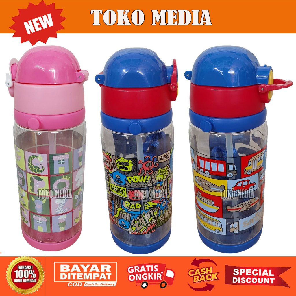 Botol Minum Anak Laki Laki dan Perempuan 600 ml BPA FREE ada Sedotan Dan Tali Panjang