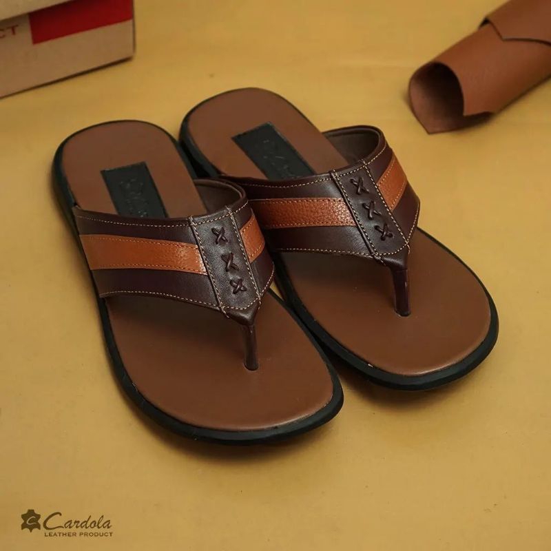 Sandal Jepit Kulit Motif Silang by Cardola/Sandal Jepit Pria/Sandal Kulit Asli/Sandal Kulit Pria/San