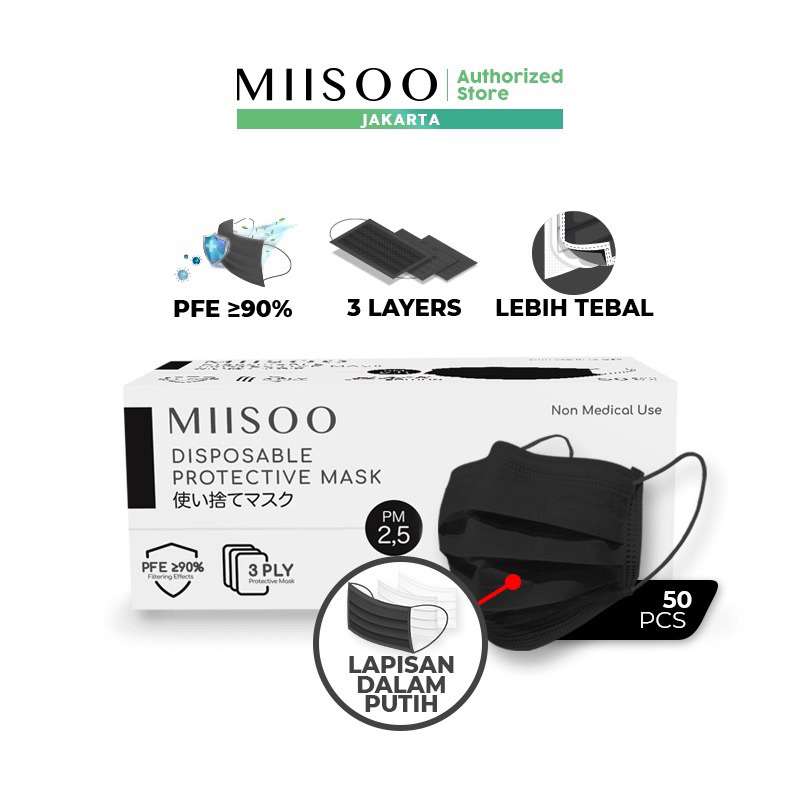 MIISOO Disposable Masker Hitam 50pcs / Box Masker Kesehatan 3ply Masker Wajah Earloop Izin Resmi BNP