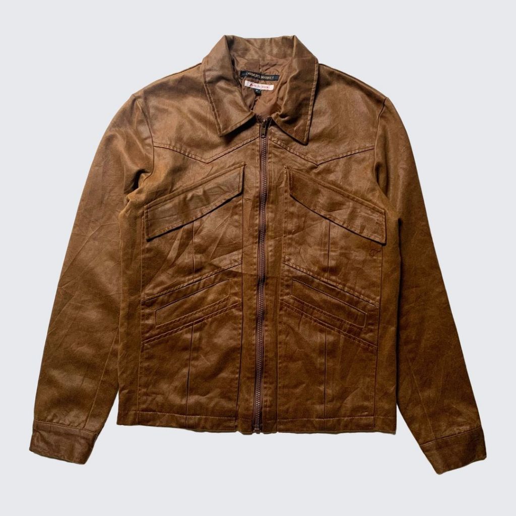 Futuristic Farmers Market Brown Synthetic Leather Jacket - Unisex - M