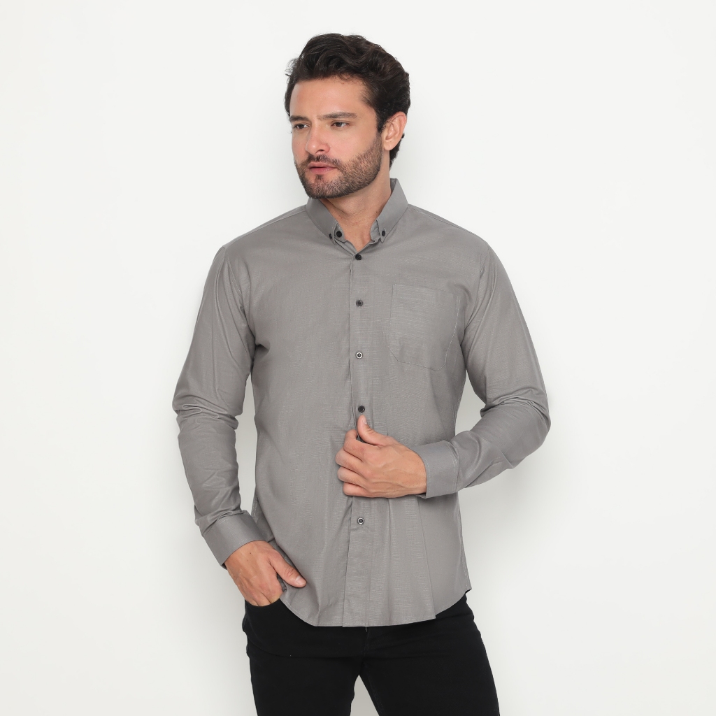 MAXXWELL rami shirt LS - Kemeja pria lengan panjang polos casual slimfit warna abu silver/ grey