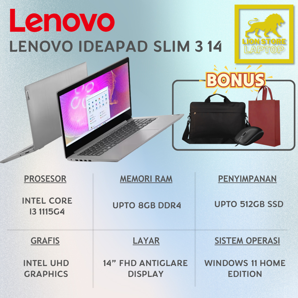 Promo Ex Display Laptop Lenovo Ideapad Slim 3i 14 Intel Core i3 RAM 8GB SSD 512GB Layar 14 Inch Wind