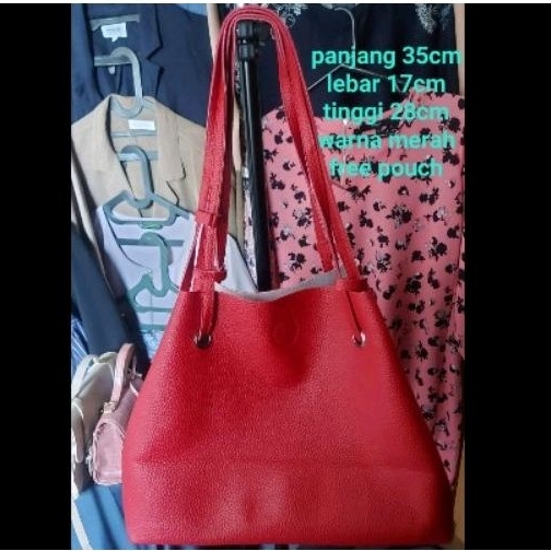 Tas Tote wanita tali serut kulit jeruk merah lucu totebag